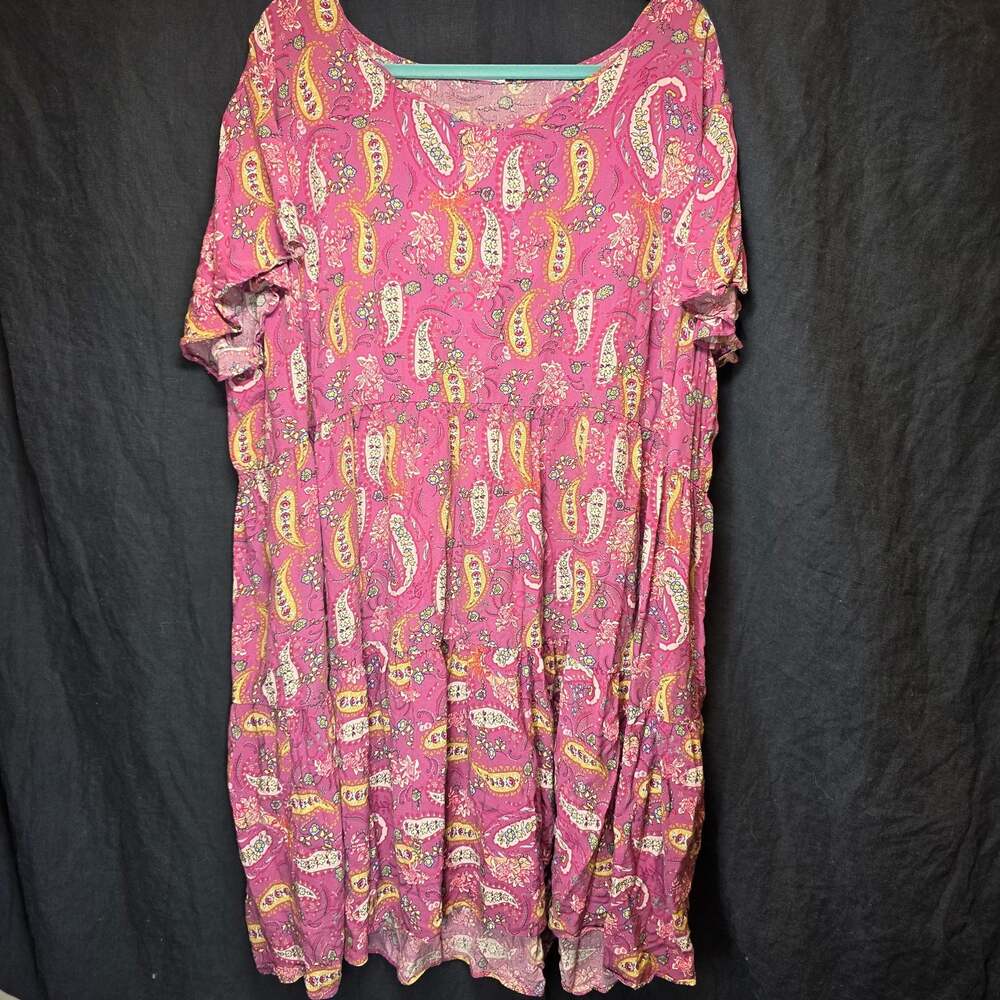 3X Chic Soul Pink Paisley Floral Tiered Short Sleeve Swing Fairy Boho Dress
